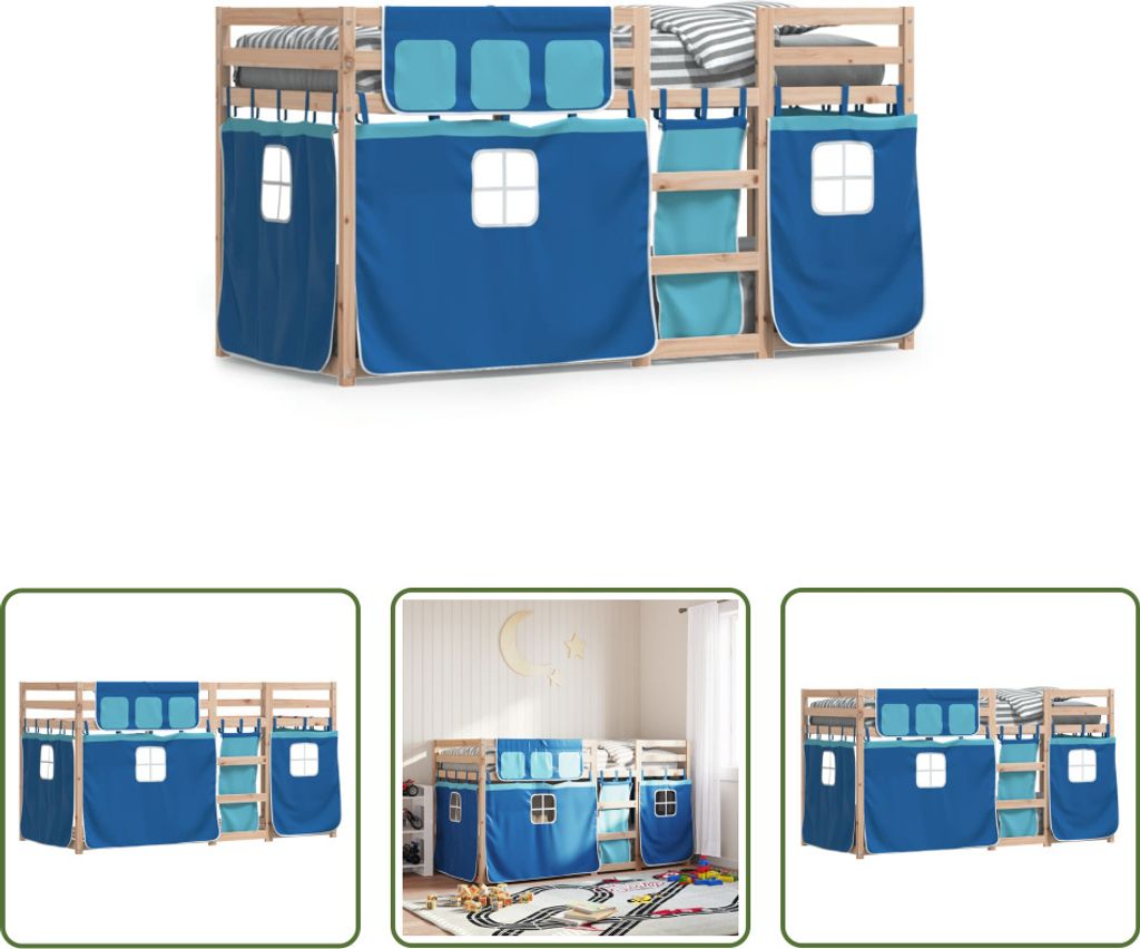 The Living Store Etagenbett mit Vorhängen Blau 90x200 cm Massivholz Kiefer