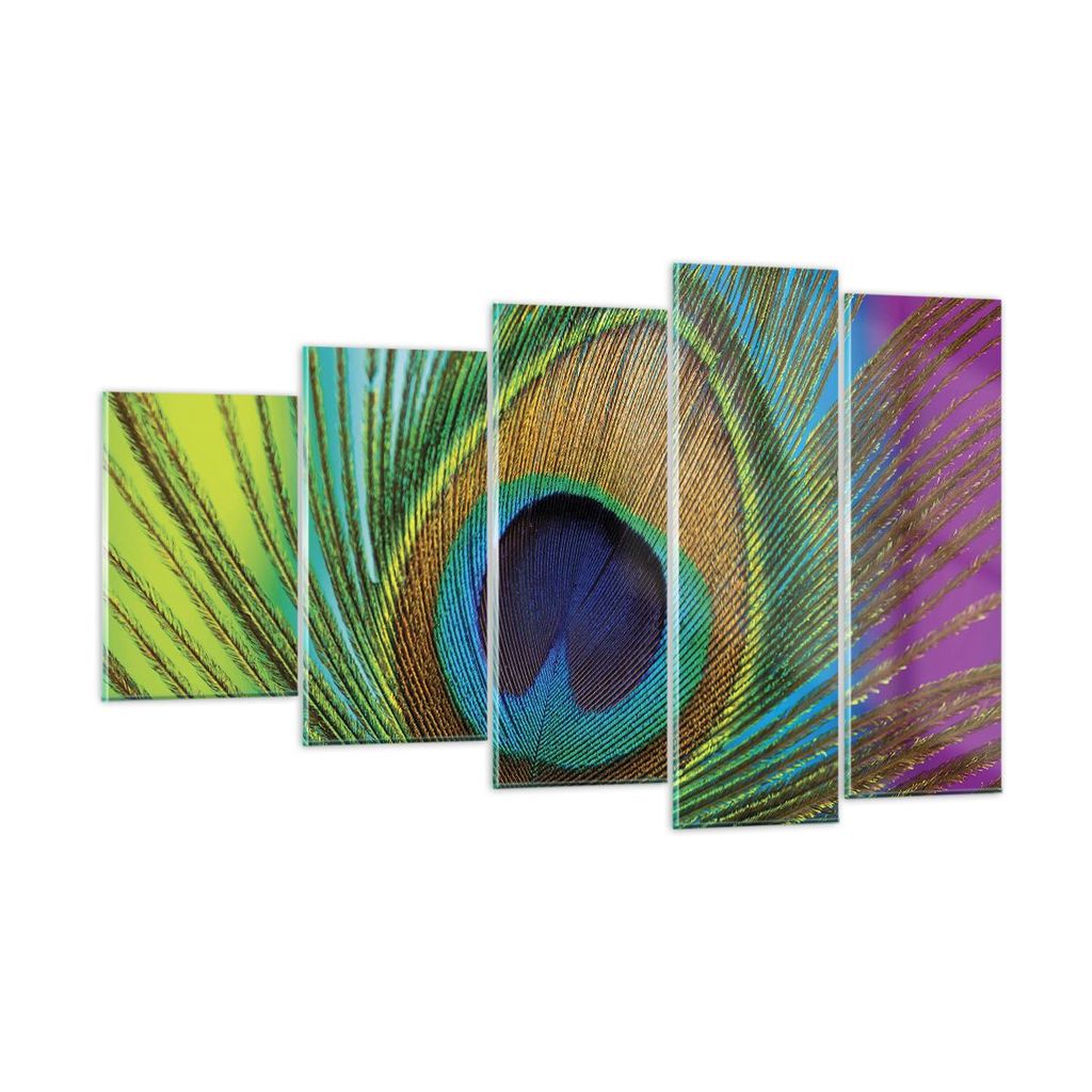 Bilder auf glas - 5 Teile - Pfauen Federn Regenbogen - 100x60cm - Glasbilder - Wandbilder - Bilder - zum Aufhängen bereit - Wanddekoration aus Gla...