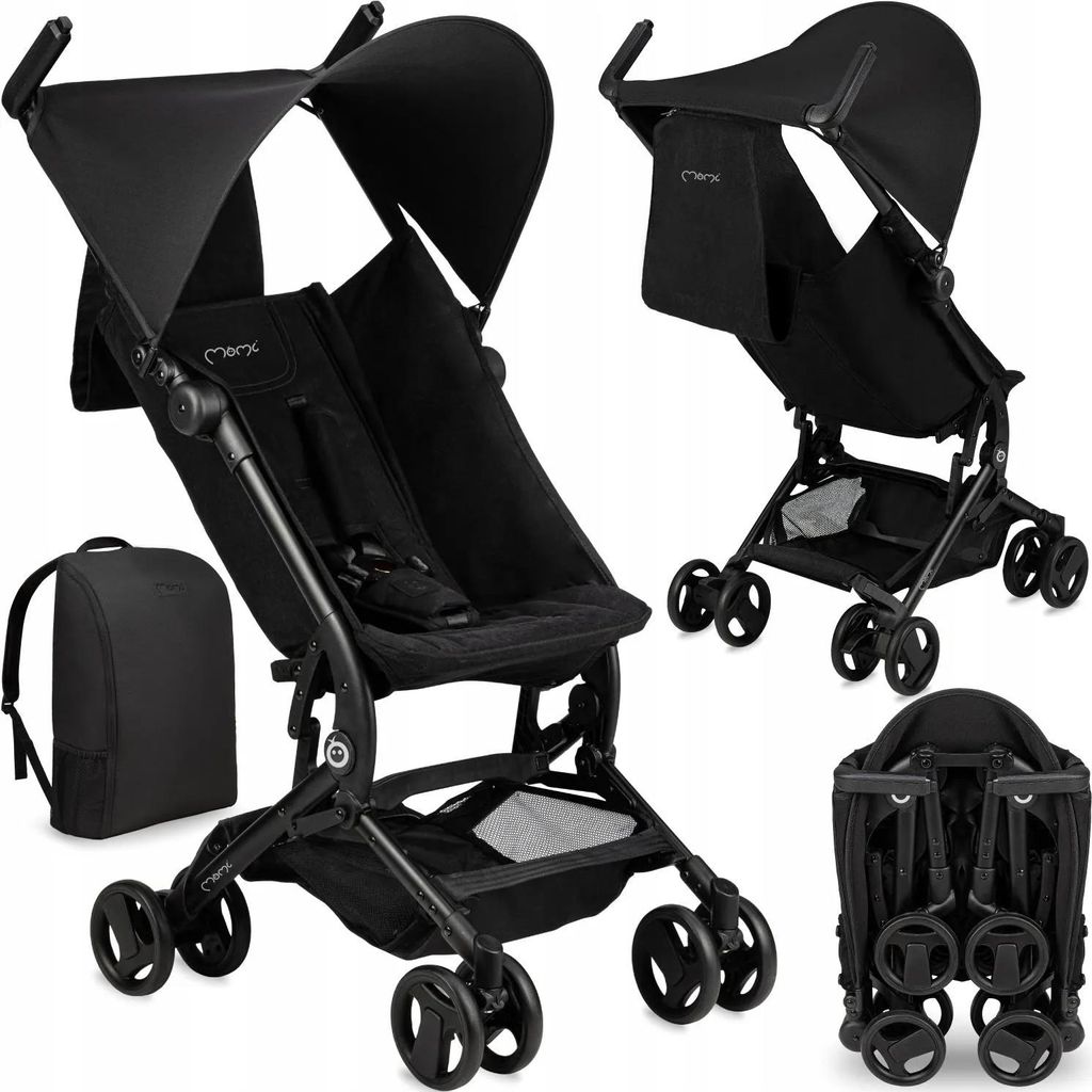 A collage of images showing a black baby stroller from different angles, including a folded view and a backpack.