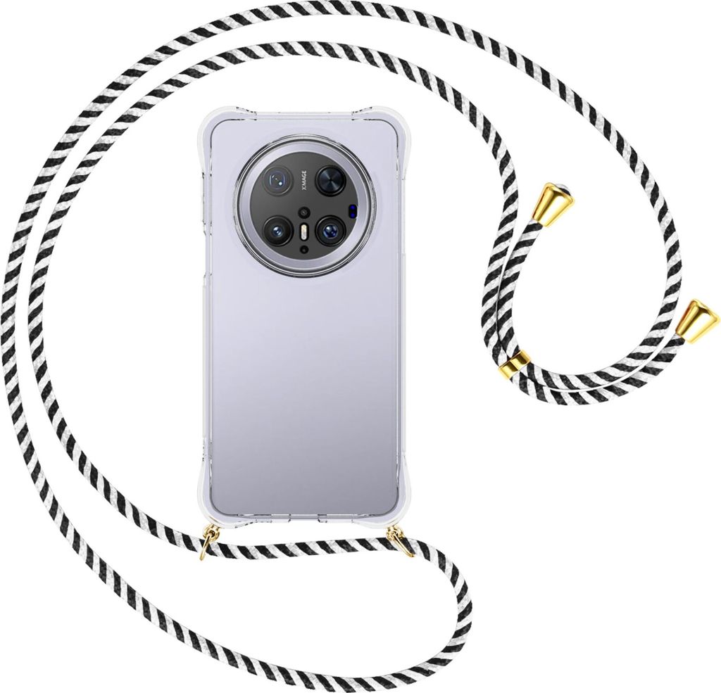 Handykette Backcover-Schutzhülle mit Band (Metall goldfarben) für Huawei Mate 70 Pro - schwarz/weiß gestreift