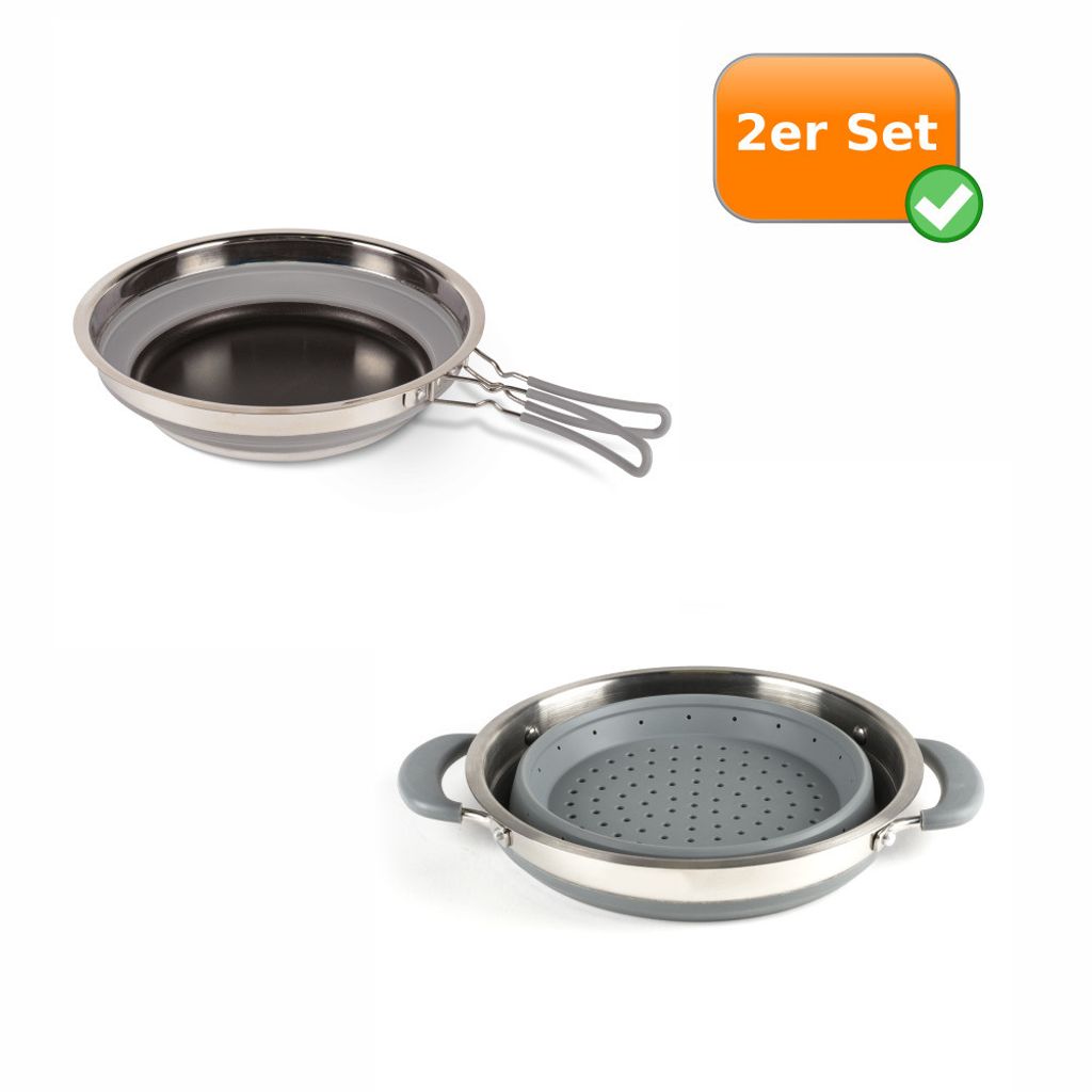 Faltbares Küchenset - 2er Reise Set - Camping Sieb + Pfanne grau