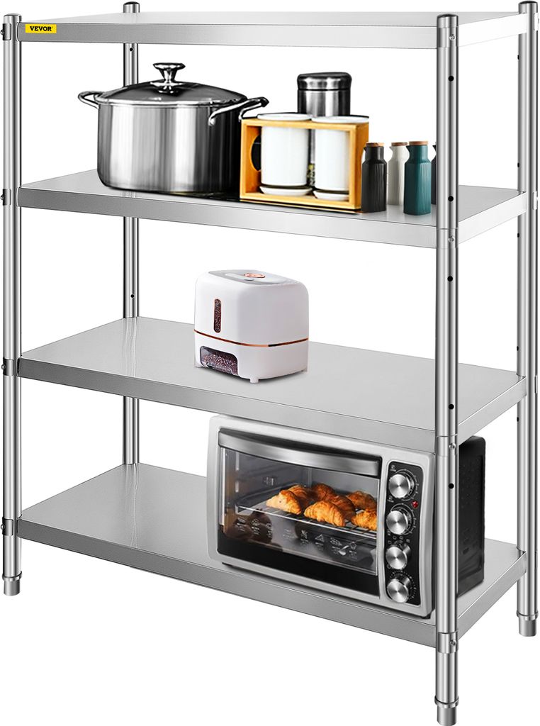 A stainless steel shelving unit with various kitchen appliances and cookware on its shelves.
