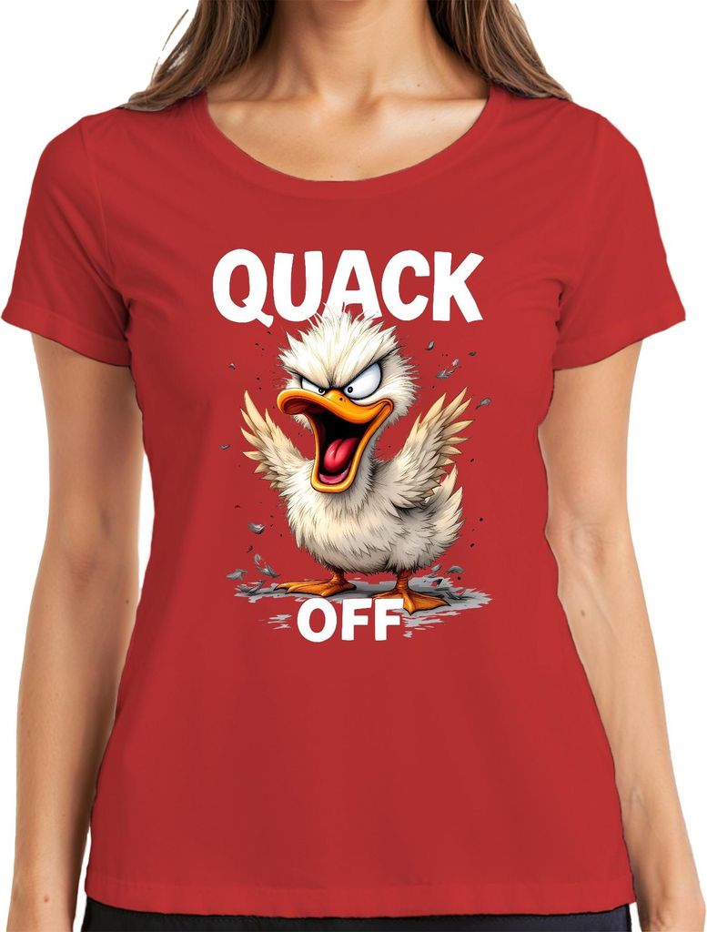 QUACK OFF lustige wütende Ente frech Cartoon Spruch sarkastisch Damen T-Shirt, Rot, XXL