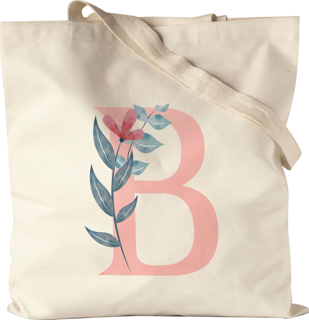 Buchstaben-Beutel B Jutebeutel Stoffbeutel Canvas mit Buchstabe Alphabet Monogramm Blumenmotiv Geschenkidee Anfangsbuchstabe