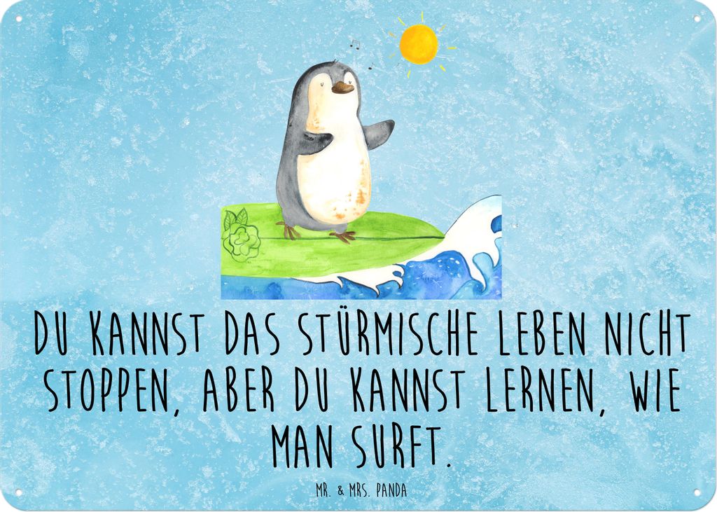 Mr. & Mrs. Panda Magnetschild Pinguin Surfer DIN A6 - Eisblau - Geschenk, Schild, Türschild, Portugal, Hawaii, Motiviert, Urlaub, Metallschild, ta...