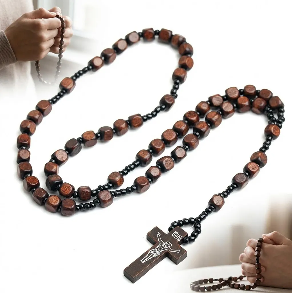 ROSARIO IN LEGNO marrone con croce della Passione per la preghiera quotidiana