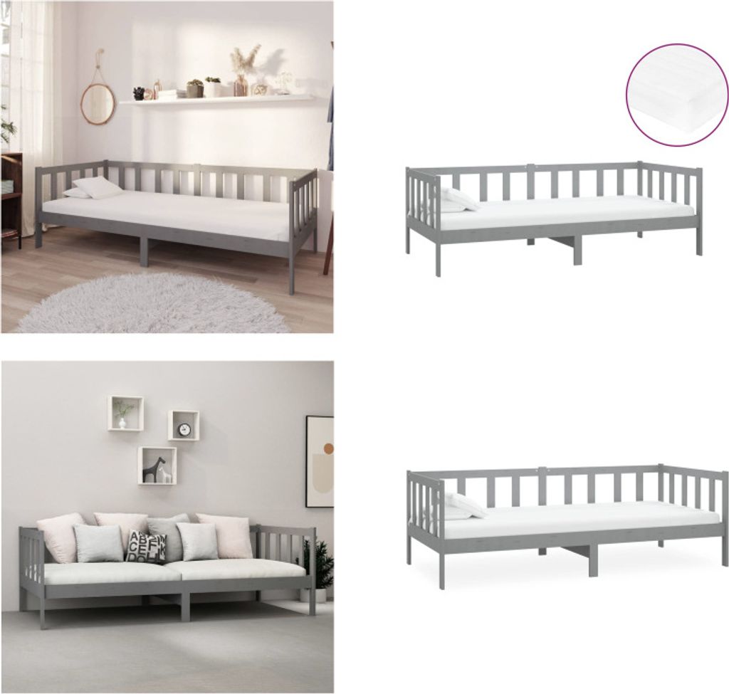 vidaXL Tagesbett mit Matratze 90x200 cm Grau Kiefer Massivholz - Tagesbett - Tagesbetten - Holz Tagesbett - Holz Tagesbetten