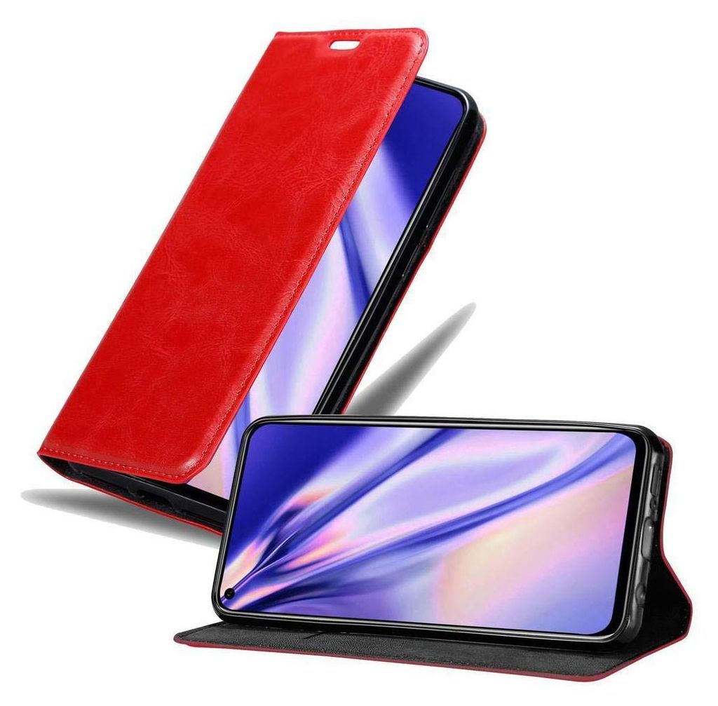 A red flip case for a smartphone is shown, with the phone inside and the cover open.