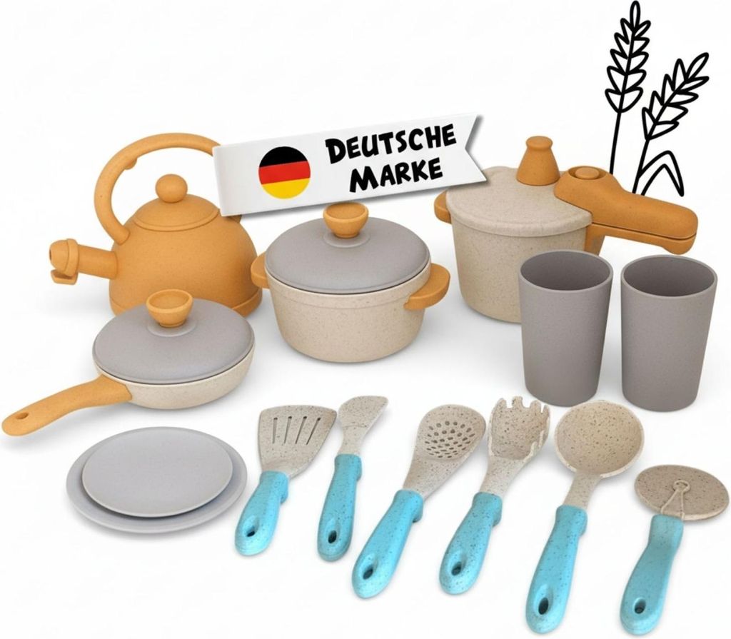 Küchenspielzeug 14-teilig - Nachhaltiges Koch- und Geschirrset aus Weizenstroh für Kinderküche ab 3 Jahren - Spielgeschirr für drinnen und drau...
