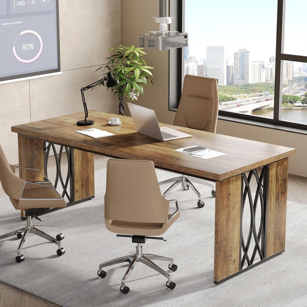 Tribesigns Schreibtisch Computertisch, 200 x 70 x 76 cm Doppelter Langer Schreibtisch, PC Tisch ndustrie-Design Konferenztisch für Home Office, Braun
