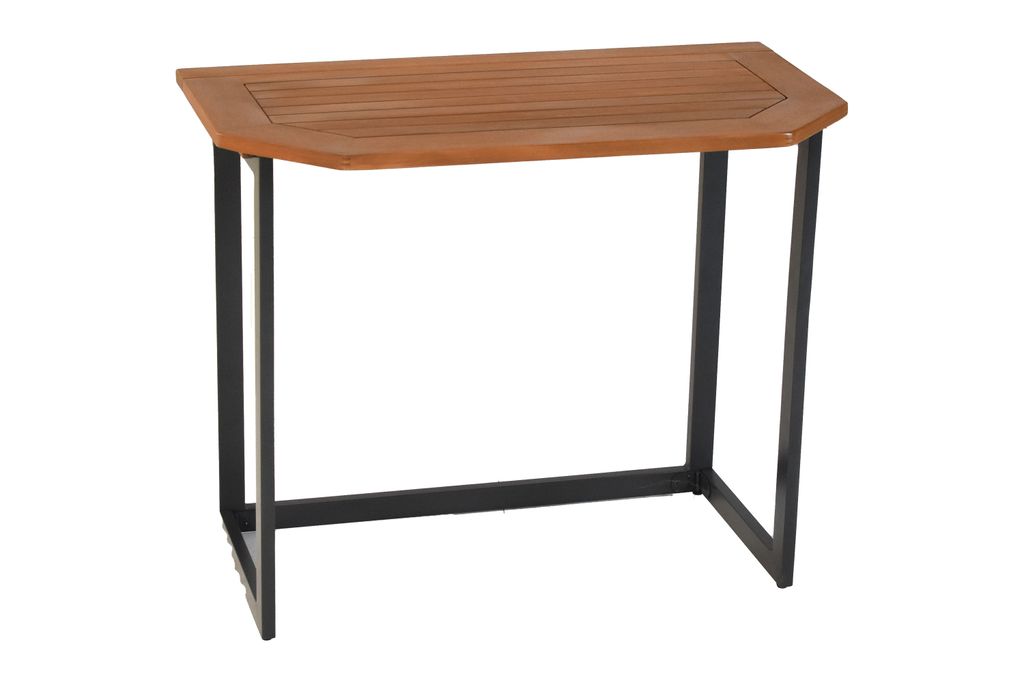 A product shot of a wooden table with black metal legs against a white background.