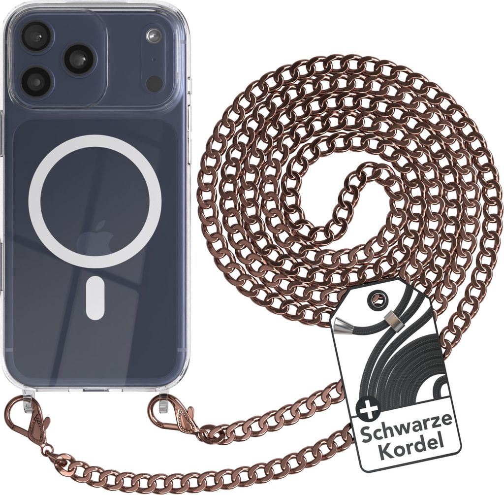 EAZY CASE Handykette kompatibel mit Apple iPhone 17 Pro Max Kette zum Umhängen aus Metall, Silikonhülle mit Band, stoßfest, mit MagSafe in Gold