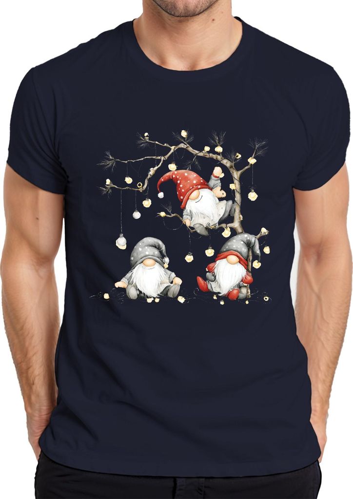 Weihnachtswichtel Lichterkette Niedlich Skandinavisch Geschenk Herren T-Shirt, Navy, XXL