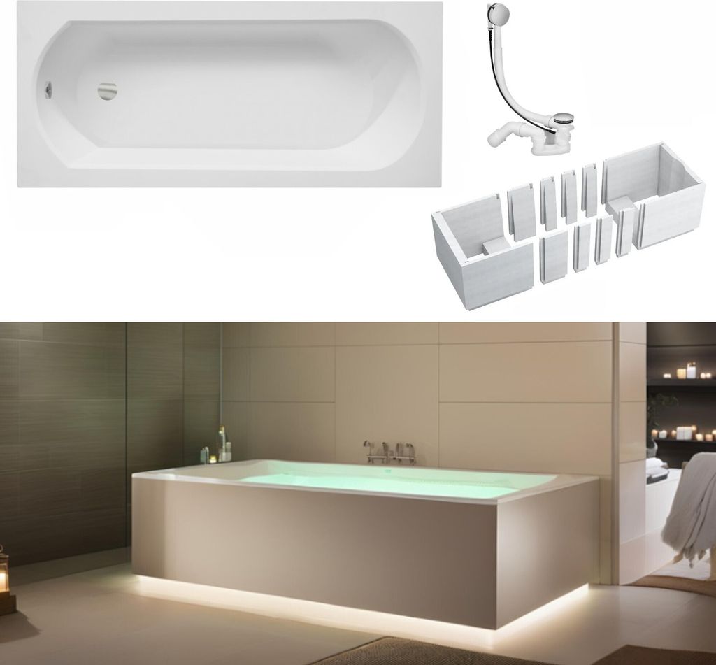 VBChome Badewanne 150 x 75 cm Weiß Acryl Wannenträger Platz für LED-Beleuchtung Styroporträger Siphon Wanne Rechteck Modern Ablaufgarnitur in C...