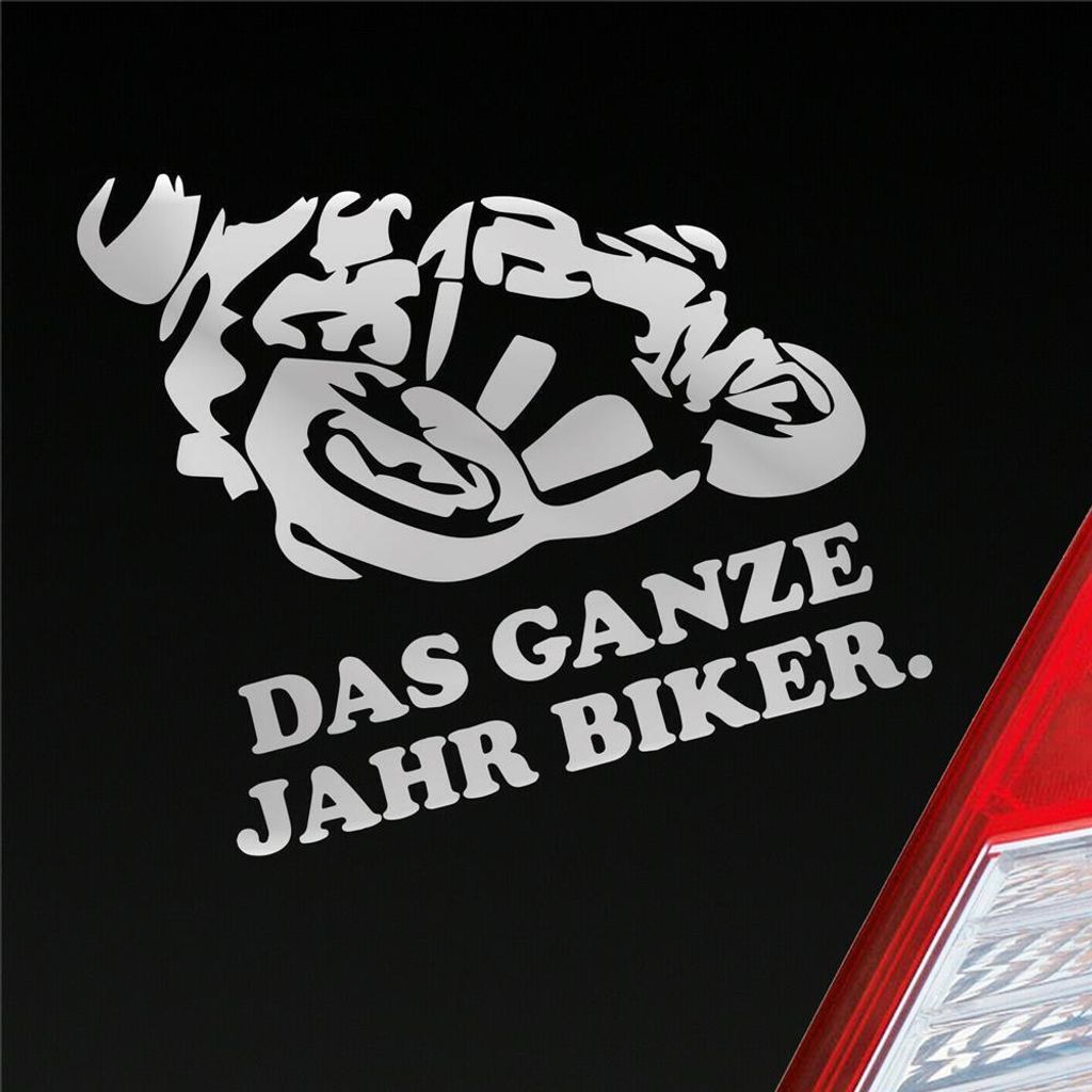 Auto Aufkleber Motorrad Das ganze Jahr Biker Moped Bike Mopped 12x10 cm Silber Sticker Heckscheibenaufkleber