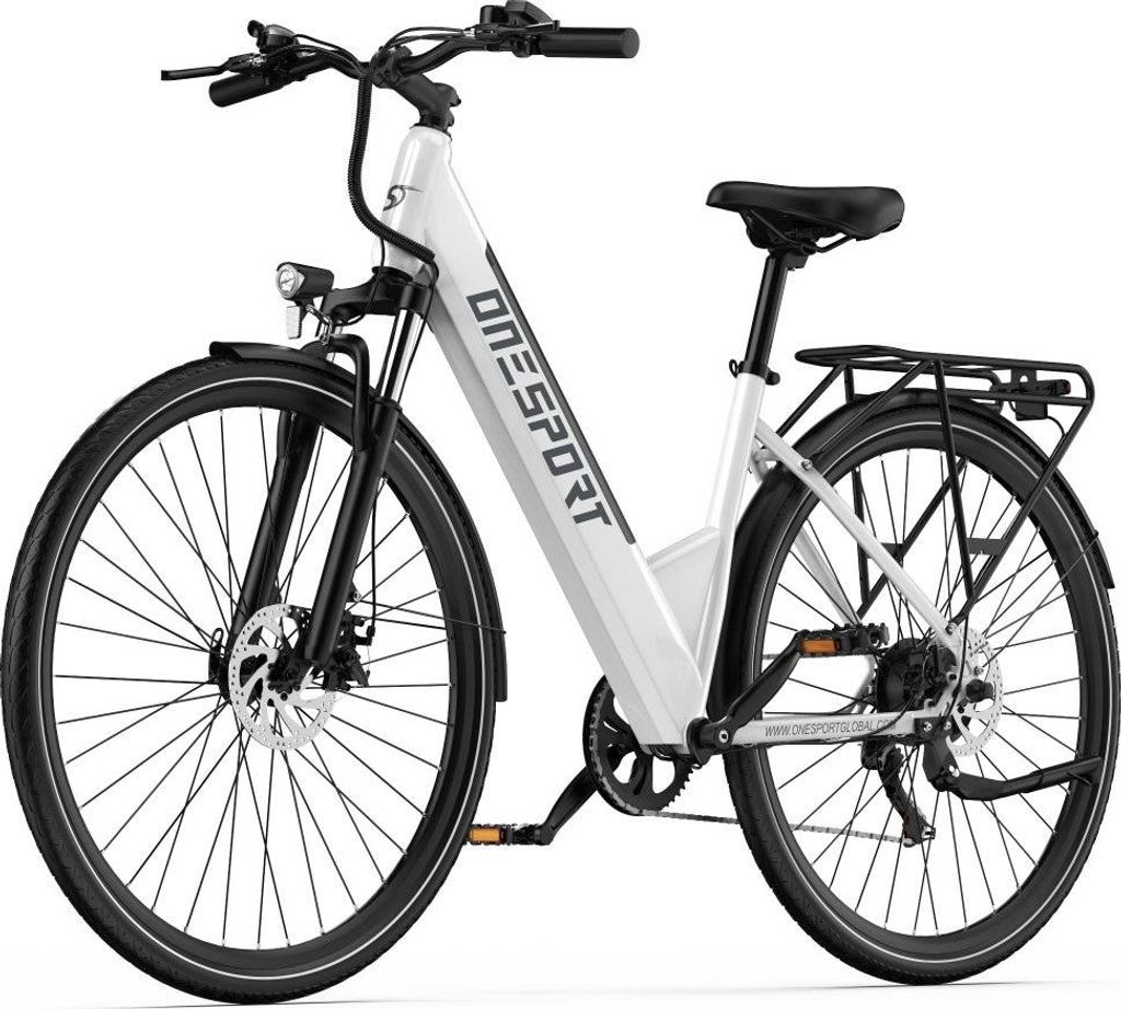A white electric bicycle is shown against a white background.