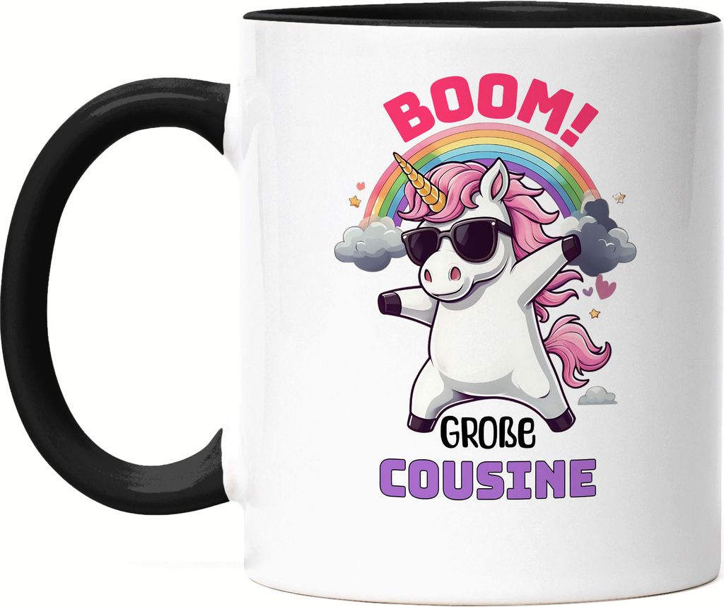 Boom Große Cousine Tasse Schwarz Geschenk Einhorn Familienfreude Babyparty Überraschung Cousine