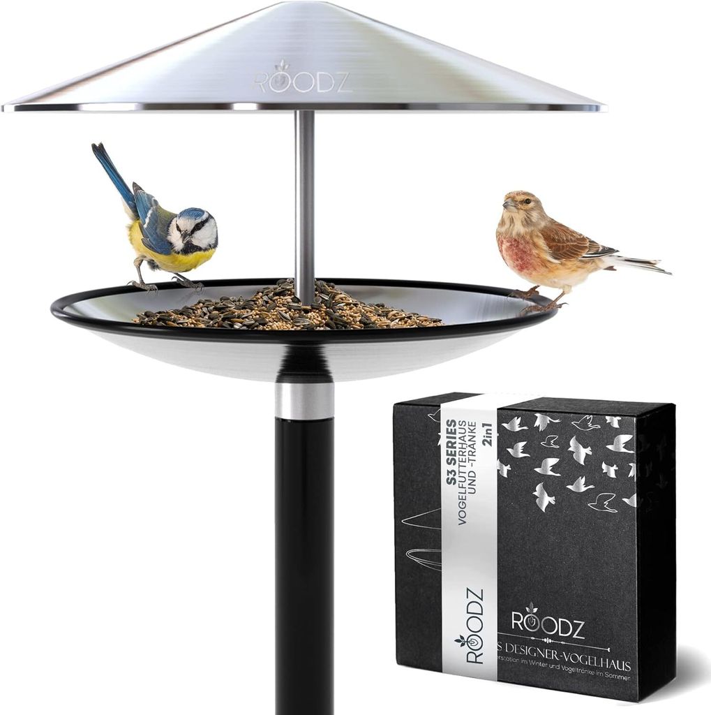ROODZ Vogelhaus und Vogeltränke 2in1 aus Edelstsahl mit Produktbild 