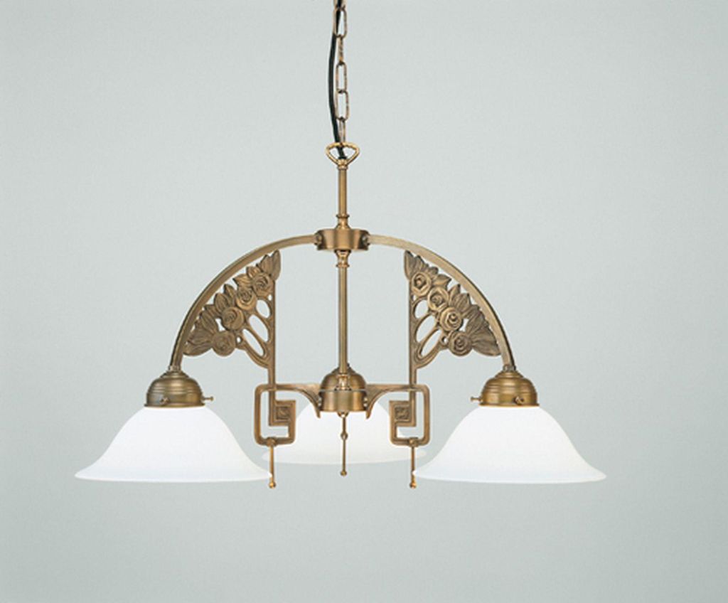 Hängeleuchte Echt-Messing Glas H: max. 104 cm in Berliner Messing Opal Weiß E27 3-flammig Jugendstil