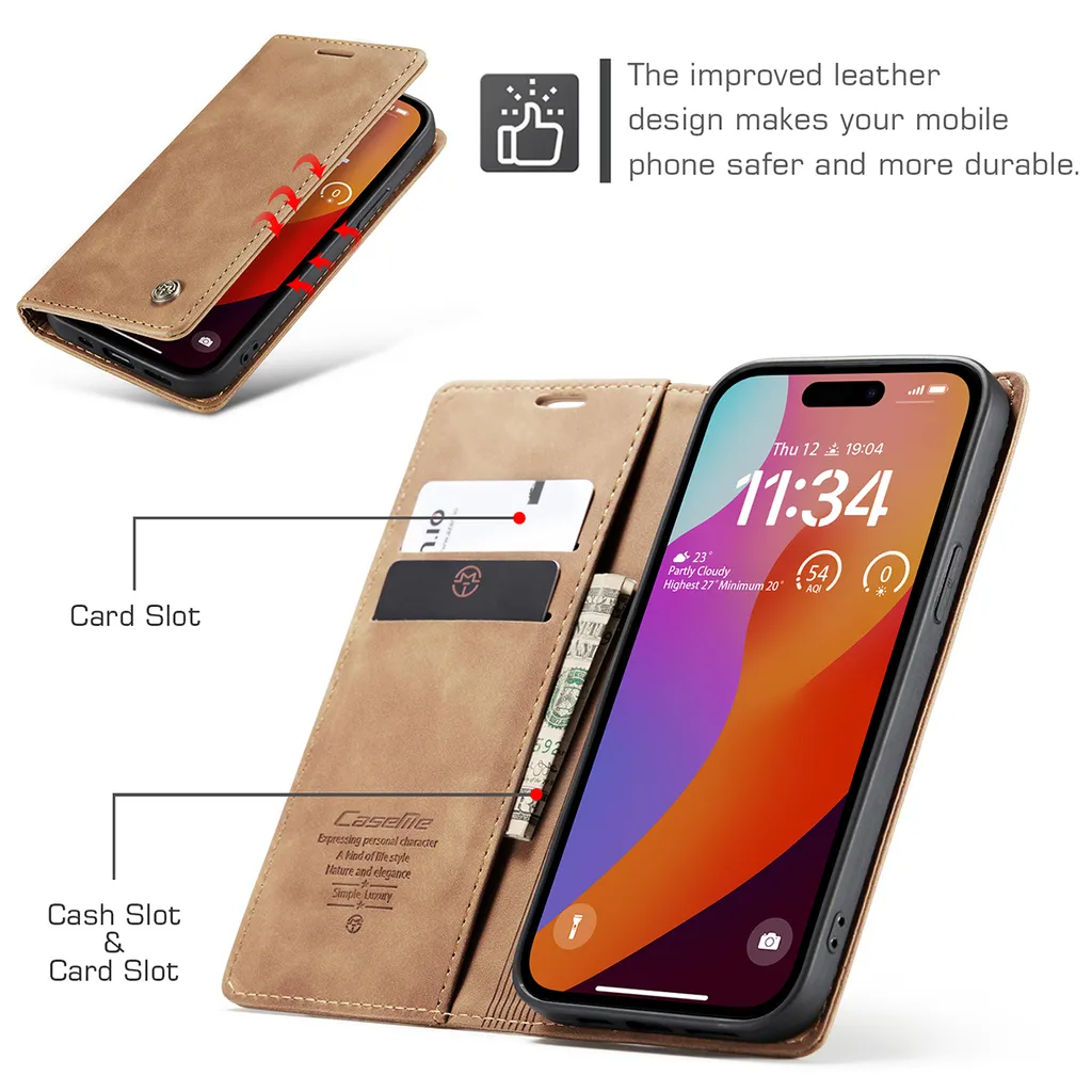 Custodia iPhone 15 Pro con Cavalletto - Cover Marrone Effetto Cuoio - 4