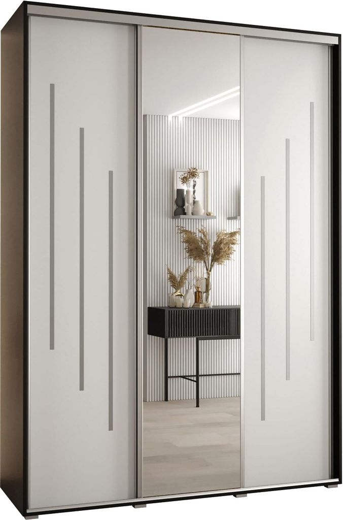 MEBLE KRYSPOL Cannes 9 Schrank mit 3 Schiebetüren - 205,2x170x60 cm - Schwarz Weiß Silber