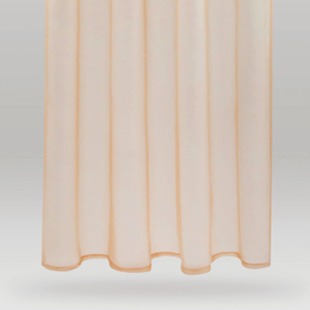 A close-up view of a beige, sheer curtain with vertical pleats.