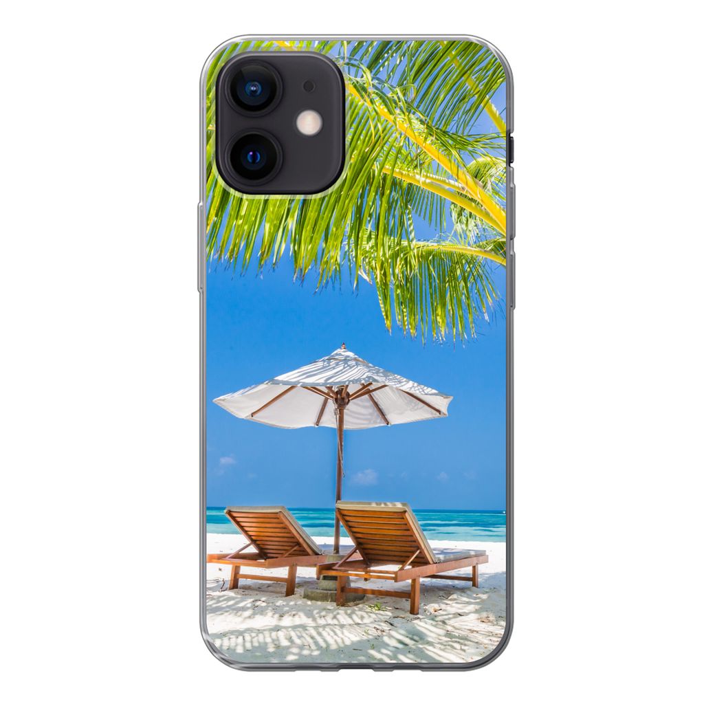 MuchoWow Handyhülle Schutzhülle Hülle für iPhone 12 Palme - Strandkorb - Sonnenschirm Silikon Softcase Handy Hülle - Schutzhülle