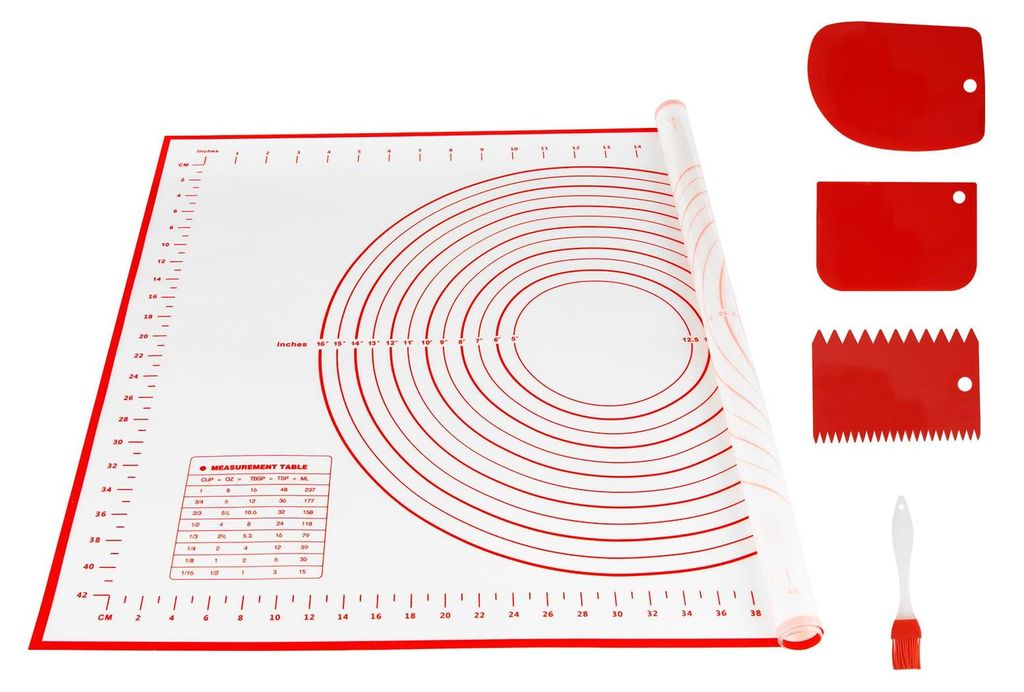 Silikon-Backmatte mit 3 Teigschabern, 70 x 50 cm Backzubehör, Antihaft-Backmatte mit Messskala, rutschfeste Silikonmatte, wiederverwendbares Backb...