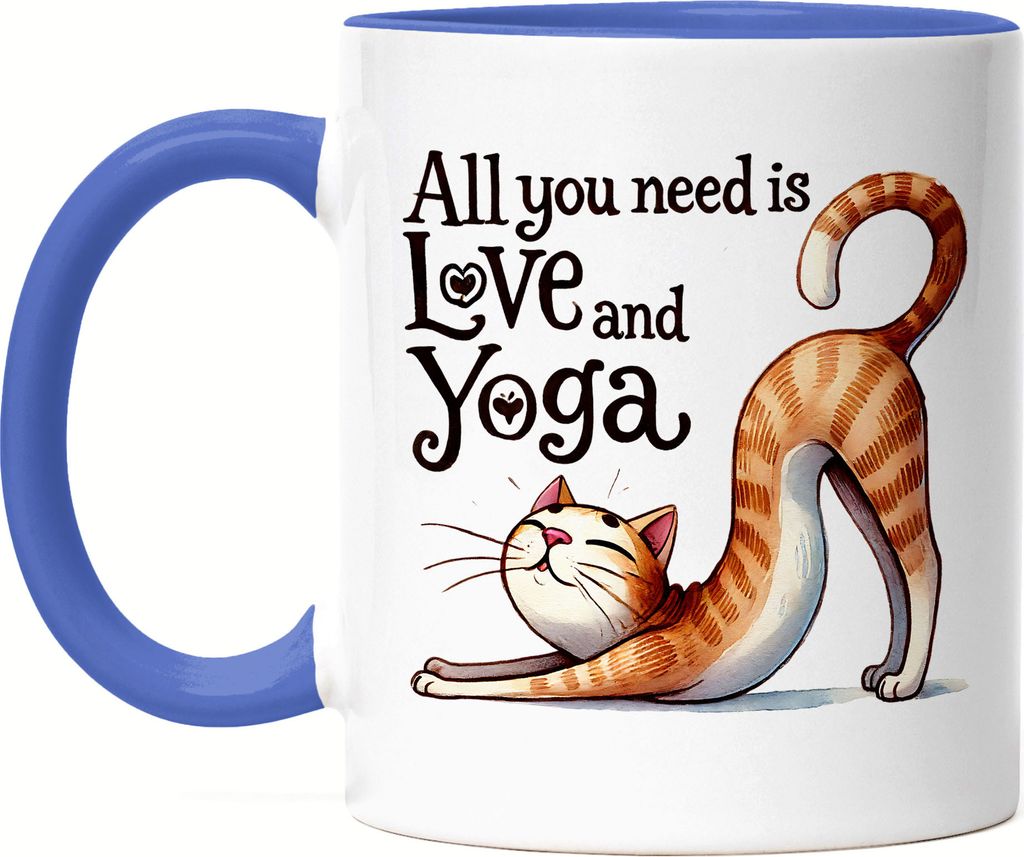 All You Need Is Love And Yoga Tasse Blau Geschenkidee für Yoga-Liebhaber Katzenfans Entspannung Stressabbau