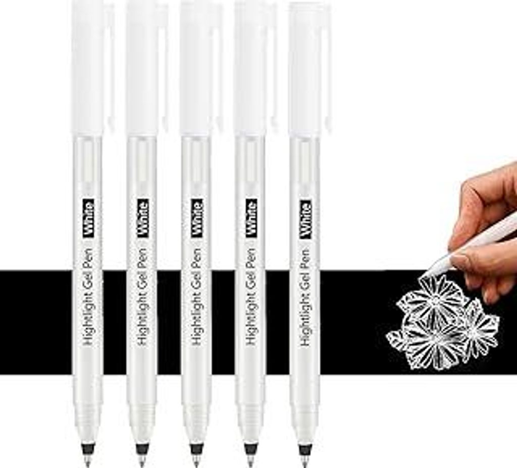 Femnow Gelstifte Weiß 5 Stück, Weißer Stift mit Spitzengrößen 1mm Undurchsichtige, Gelstifte Weiß Wasserfest, Weißer Stift für Schwarzes Pa...