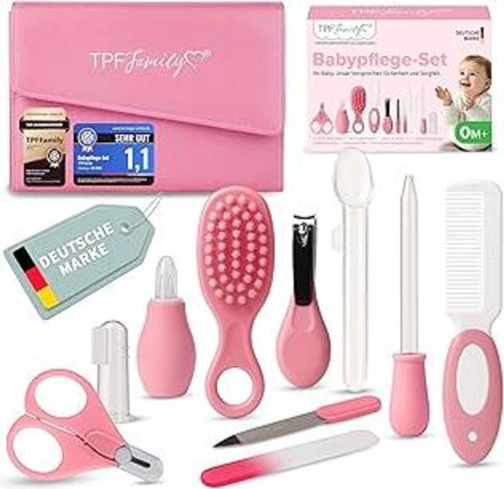 Baby Pflegeset Neugeborene (Pink) – 10-teiliges Set mit hochwertiger Baby Nagelschere, Nasensauger, Bürste und mehr – Ideal als Erstausstattun...