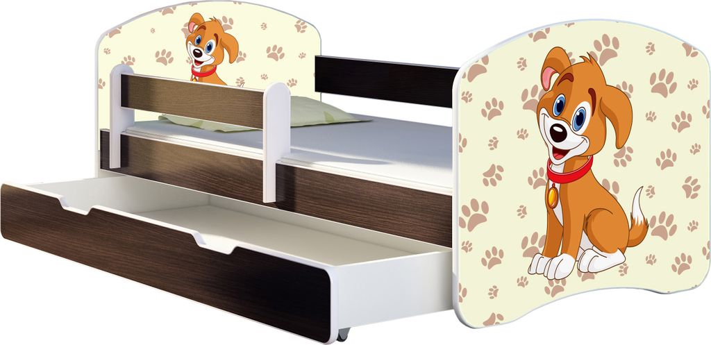 ACMA Jugendbett Kinderbett Junior-Bett Komplett-Set mit Matratze Lattenrost und Rausfallschutz Wenge 11 Welpe 140x70 + Bettkasten