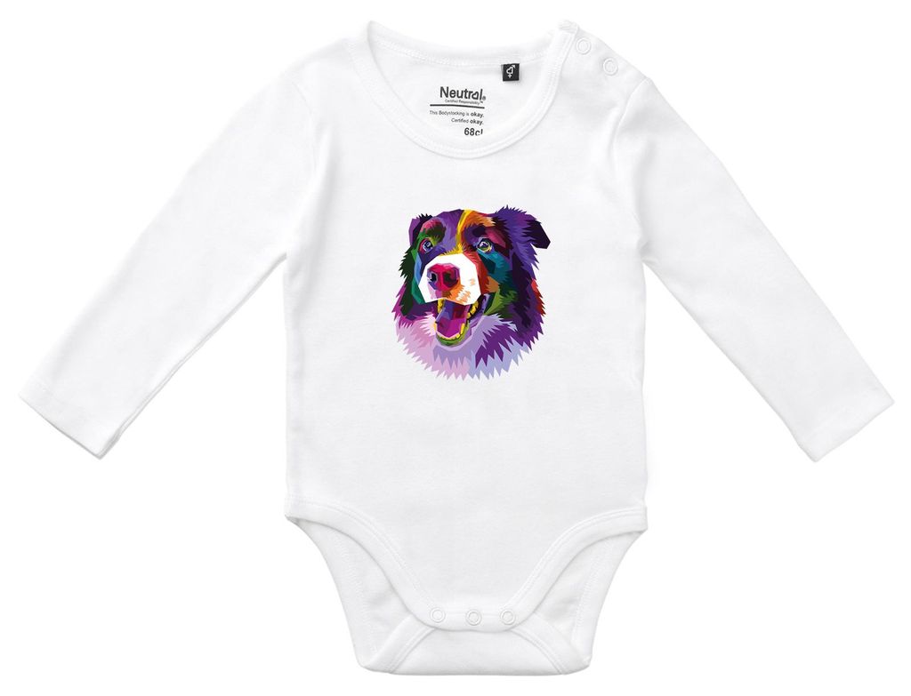 Huuraa Baby Body Border Collie Colorful 80 White Baumwolle Fairtrade Langarmbody Geschenkidee