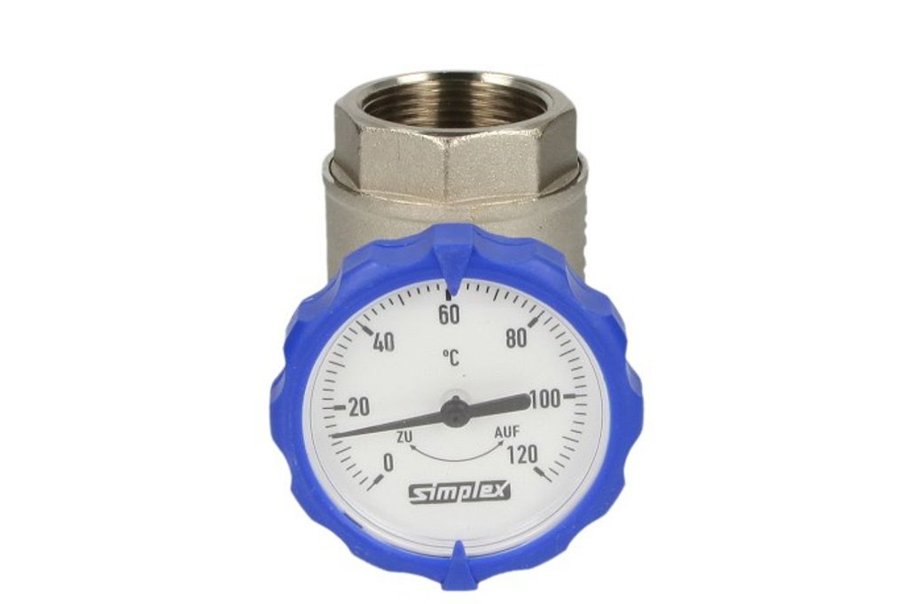 Simplex Kugelhahn 1 1/4' IG mit Thermometer blau, Herst.-Nr F10151