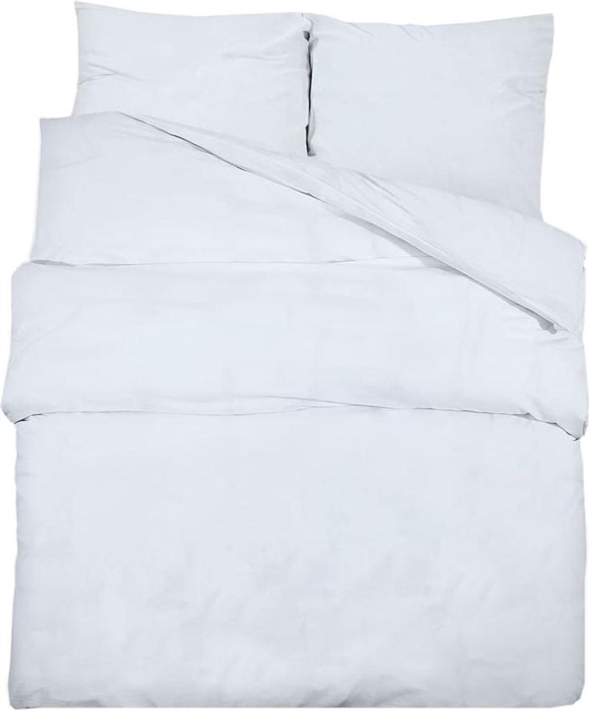 A white duvet and pillow set laid out flat on a white background.
