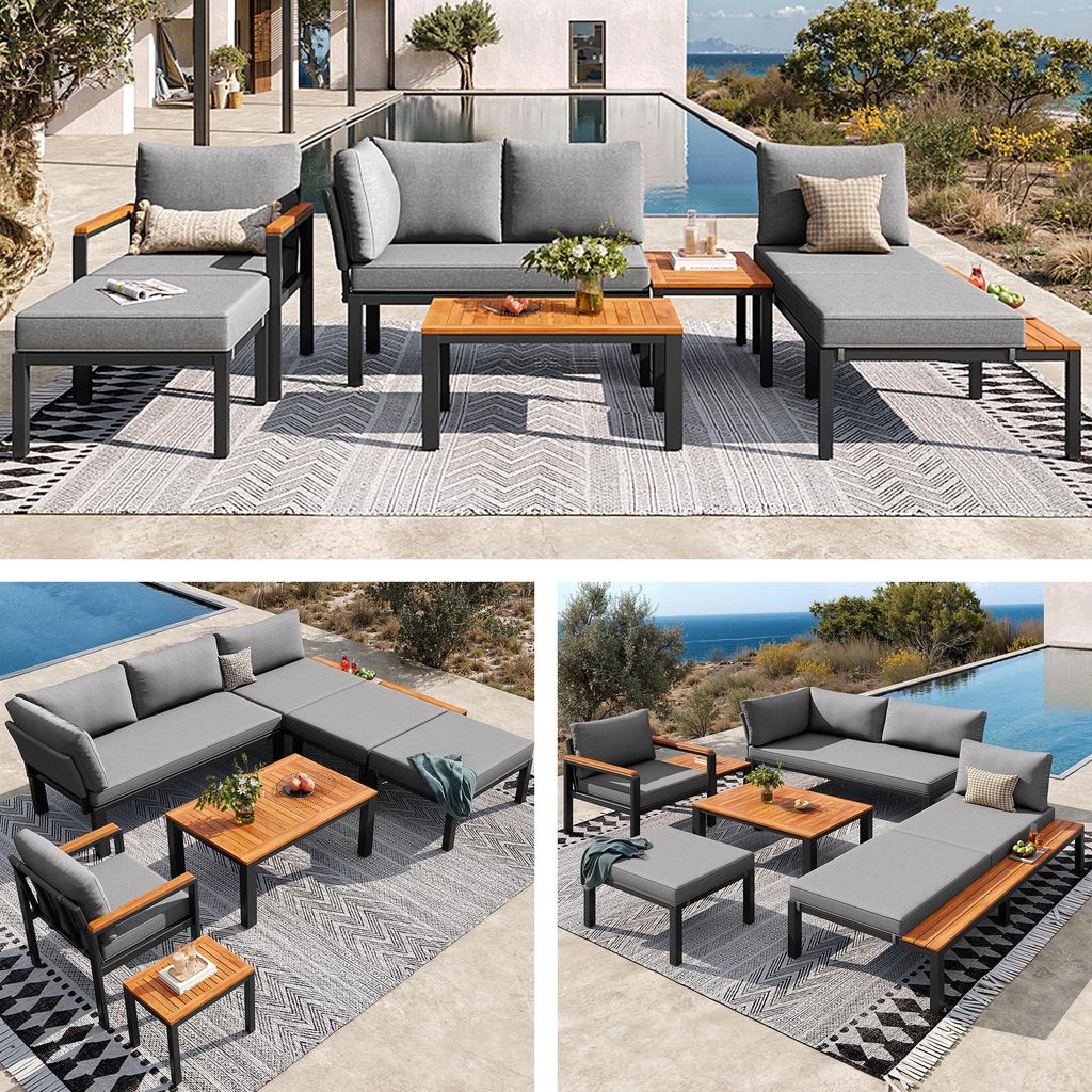 Modulare Outdoor-Sitzgruppe – freie Kombination, robuster Metallrahmen, atmungsaktive Kissen & Holztische, für Terrasse, Balkon & Poolbereich, Grau
