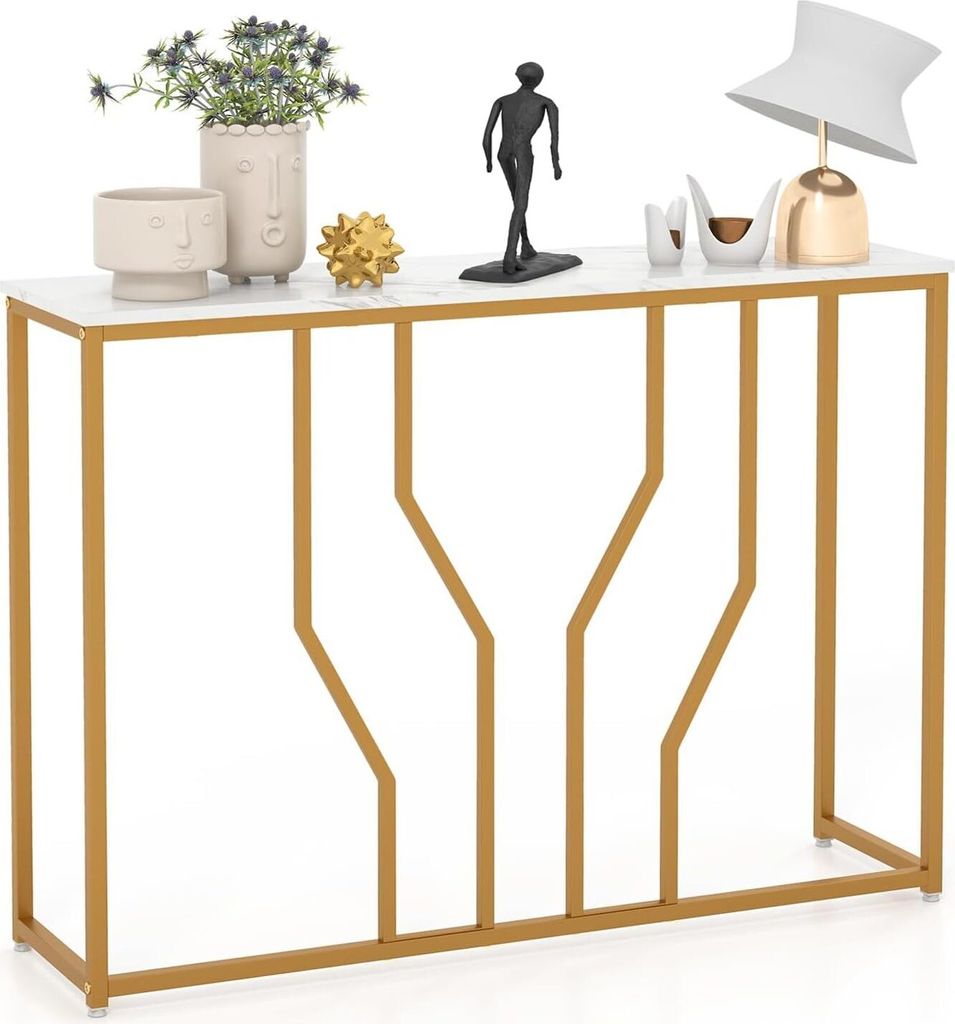 COSTWAY Konsolentisch, Eingangstisch schmal Marmor Optik, Sofatisch mit geometrischem Metallrahmen, Beistelltisch Gold + Weiß, 110 x 30 x 80 cm, f...
