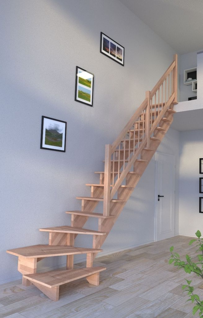 Holztreppe Lindos (Buche) in 1/4 gewendelter Ausführung rechts-80 cm-Holz-Holz Design Geländer-ohne Setzstufen