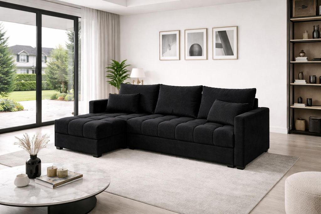 Aurelia L Wohnlandschaft Couchgarnitur Ecksofa in L-Form mit Schlaffunktion, Bettkasten und Kissen