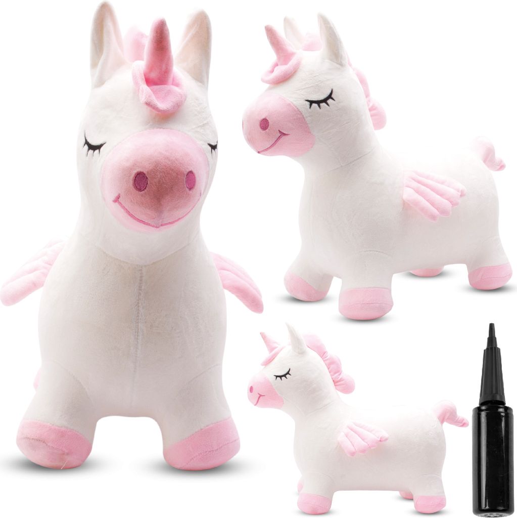 Collage of a white and pink inflatable unicorn toy from different angles, with a black pump.