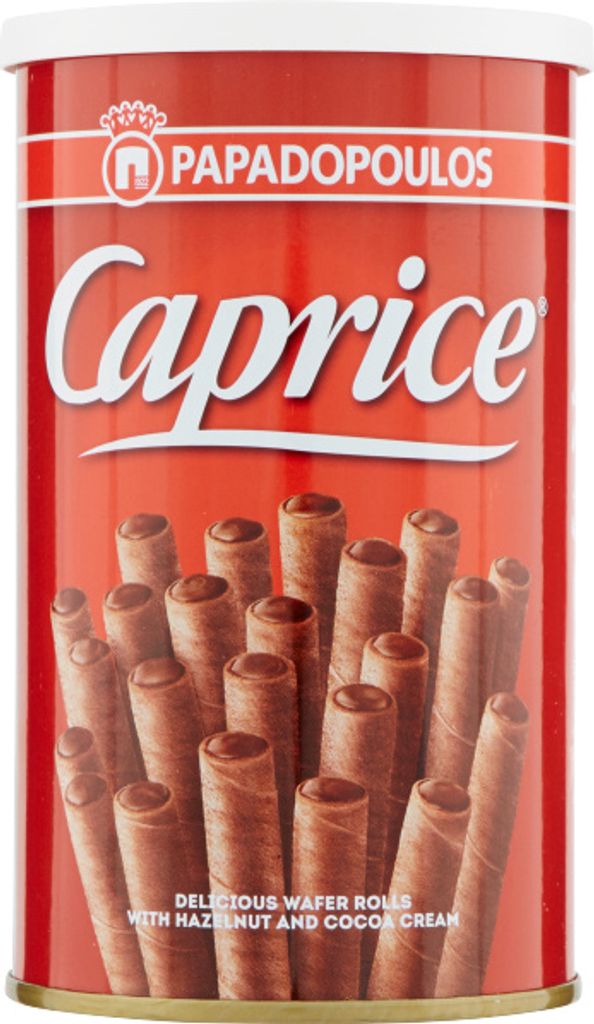A close-up of a red tin can of Papadopoulos Caprice Classic wafer rolls.