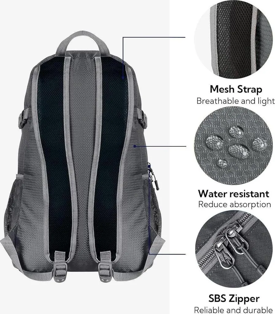 Sac à dos ultraléger 20L pliable en nylon gris résistant à l'eau