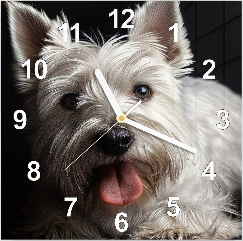 Wanduhr aus Glas mit Motiv Weisser Hund- 30 x 30 cm - inkl. Aufhängesystem