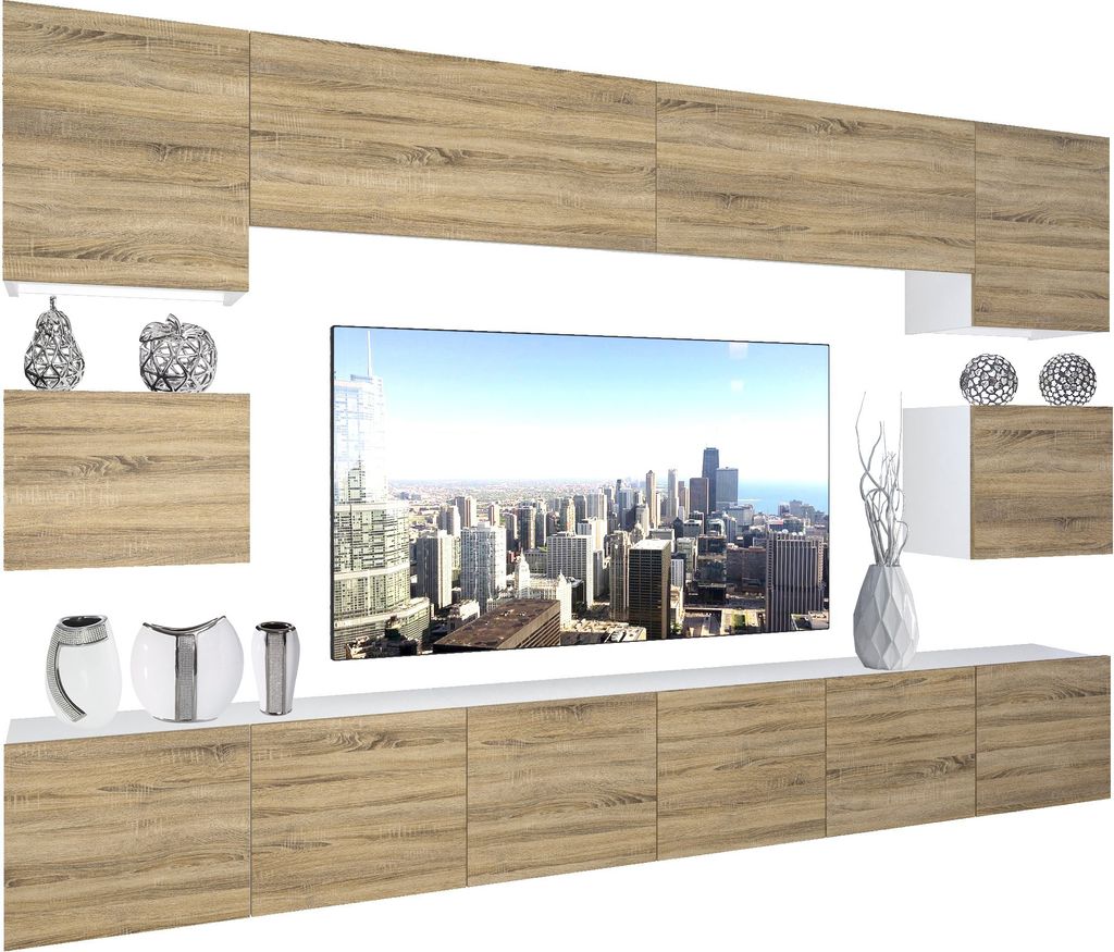 BELINI Wohnwand Vollausstattung Wohnzimmer-Set Moderne Schrankwand mit LED-Beleuchtung Weiß Glänzend Anbauwand TV-Schrank Glamour Holz Matt