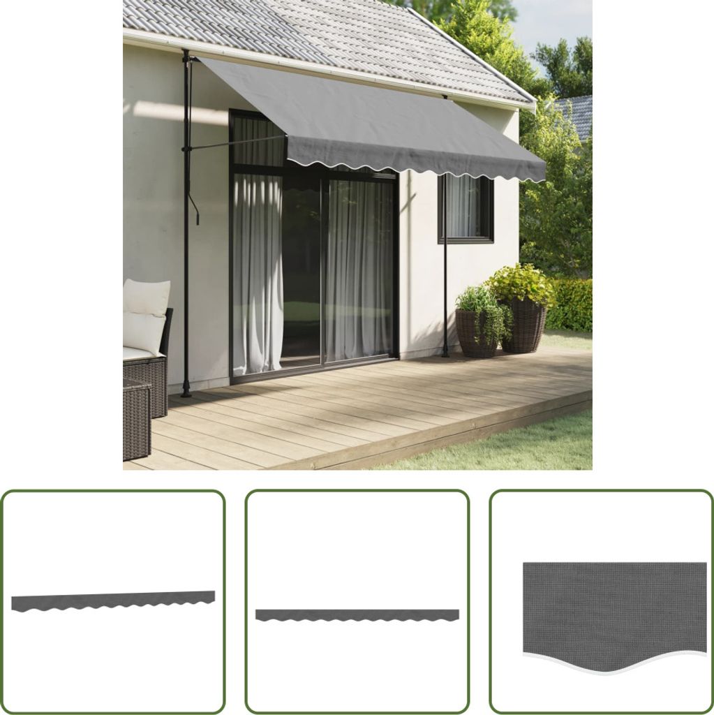 An awning is installed on the side of a house, extending over a wooden deck.