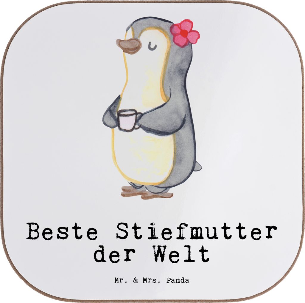 Mr. & Mrs. Panda Holzuntersetzer Pinguin Beste Stiefmutter der Welt - Weiß - Geschenk, Mama, Geschenkidee, Coaster, Tochter, Untersetzer Glas, Mut...