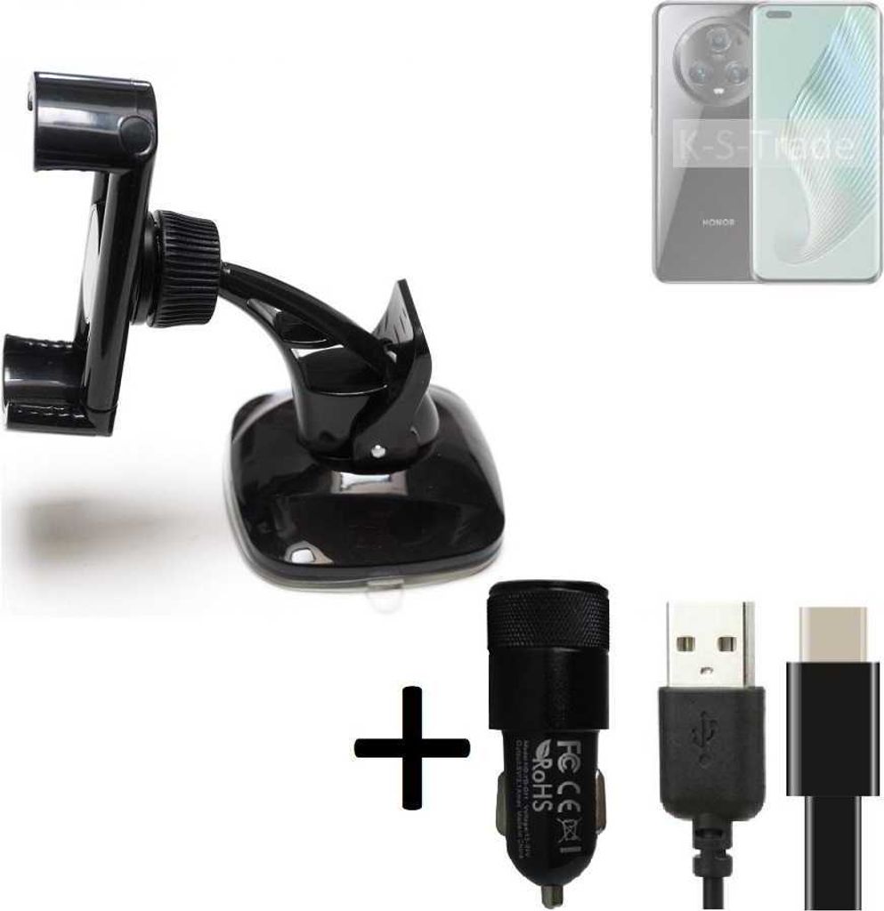 K-S-Trade Handy-Halterung kompatibel mit Honor Magic5 Pro Windschutzscheibe / Armaturenbrett + LADEGERÄT mit Mico USB Kabel Autohalterung