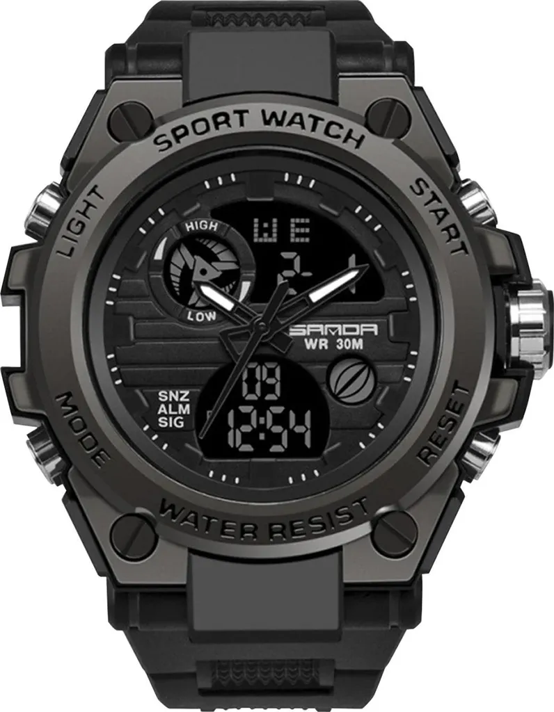 Montre étanche 30m avec alarme et double fuseau horaire en silicone noir