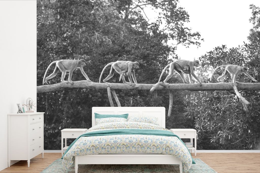 MuchoWow Fototapete für Wohnzimmer oder Schlafzimmer Wandtapete Vinyl Motivtapete Affen, die auf einem Ast laufen - schwarz und weiß - 420x280 ...