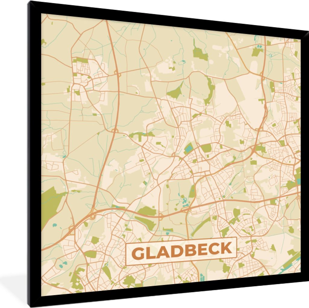 MuchoWow Gerahmtes Poster Stadtplan - Gladbeck - Vintage - Karte 40x40 cm - Poster mit Schwarzem Bilderrahmen Wandposter Rahmen Foto Bilder - Mit...